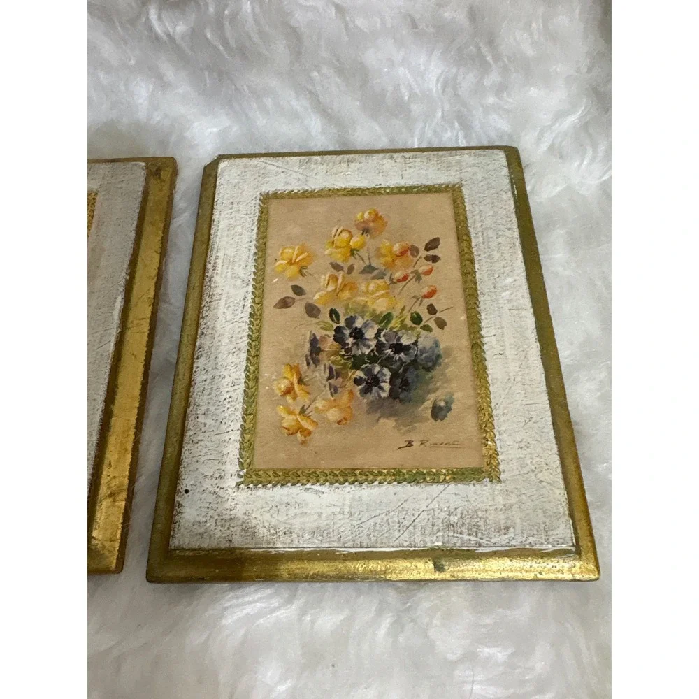 B Rinaldi Italian Wood Plaque Set Floral Gold Gilt White Distressed Italy Fair